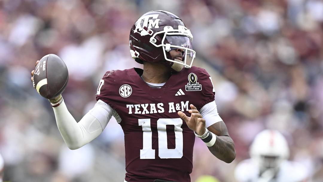 Dec 20, 2025; College Station, TX, USA; Texas A&M Aggies quarterback Marcel Reed (10) throws a pass against the Miami Hurricanes during first half of the first round game of the CFP National Playoff at Kyle Field. Mandatory Credit: Maria Lysaker-Imagn Images